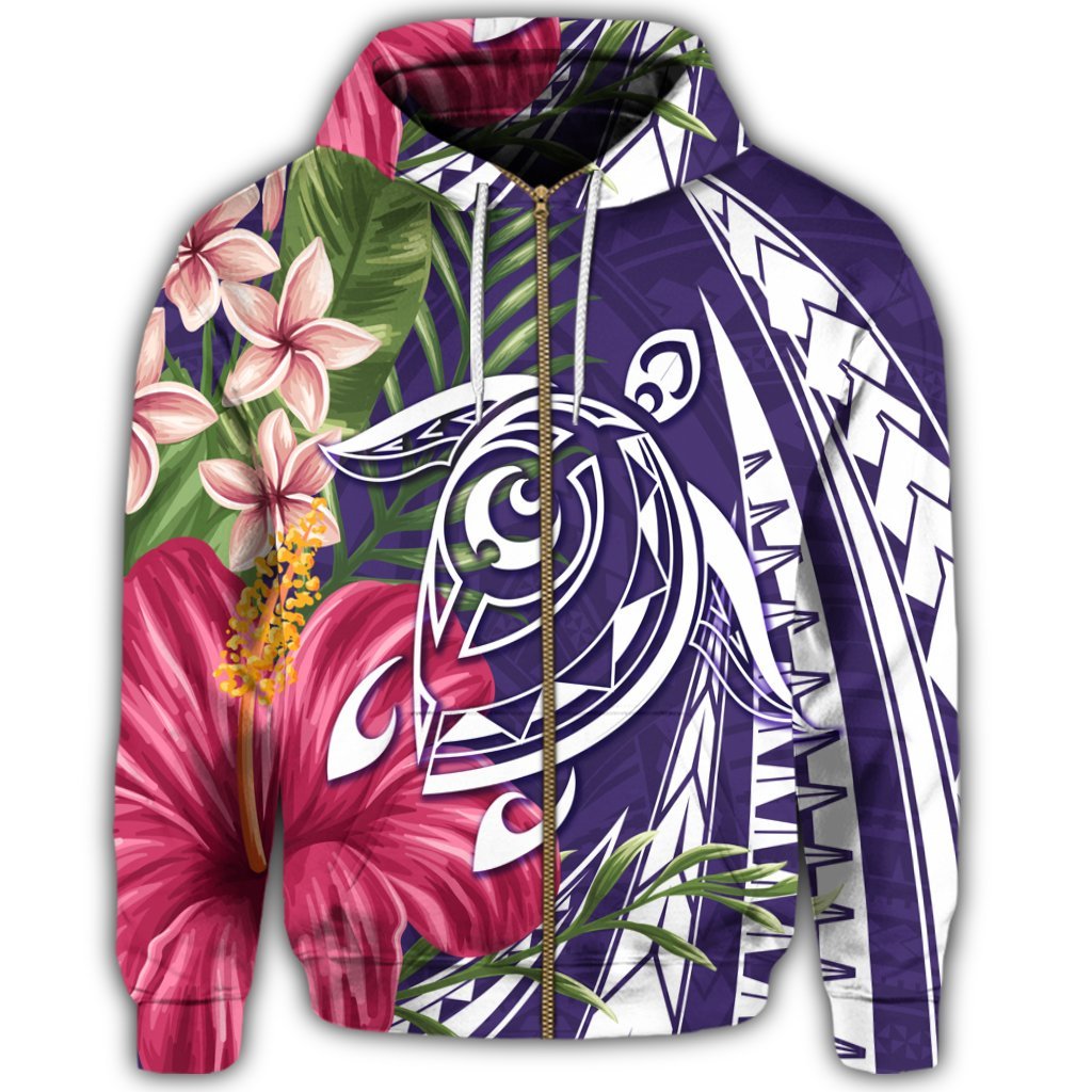 Hawaii Zip Hoodie Polynesian Turtle Tropical Hibiscus Plumeria Purple - Polynesian Pride