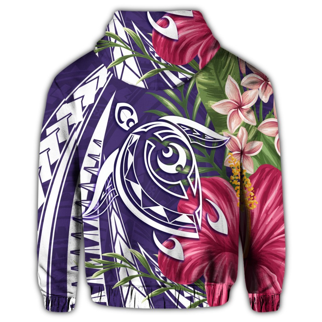 Hawaii Zip Hoodie Polynesian Turtle Tropical Hibiscus Plumeria Purple - Polynesian Pride