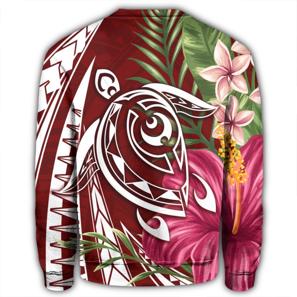 Hawaii Polynesian Turtle Tropical Hibiscus Plumeria Sweatshirt - Red - AH - Polynesian Pride
