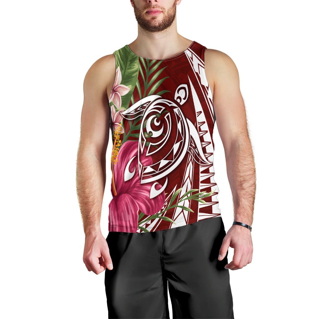 Hawaii Polynesian Turtle Tropical Hibiscus Plumeria Tank Top - Red - AH Black - Polynesian Pride