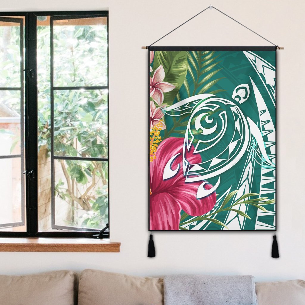 Hawaii Polynesian Turtle Tropical Hibiscus Plumeria Hanging Poster - Turquoise - AH - Polynesian Pride