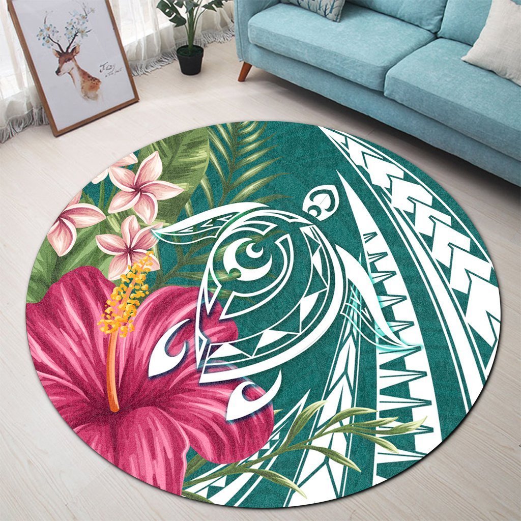 Hawaii Polynesian Turtle Tropical Hibiscus Plumeria Round Carpet - Turquoise - AH - Polynesian Pride