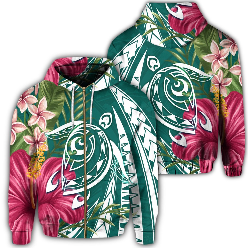 Hawaii Zip Hoodie Polynesian Turtle Tropical Hibiscus Plumeria Turquoise Unisex Art - Polynesian Pride