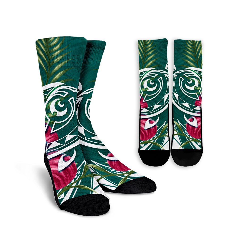 Hawaii Polynesian Turtle Tropical Hibiscus Plumeria Crew Socks - Turquoise - AH Crew Socks White - Polynesian Pride