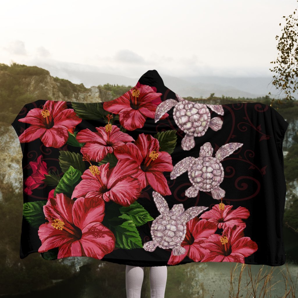 Hawaii Red Hibiscus Turtle Hooded Blanket - AH - Ray Style - Polynesian Pride