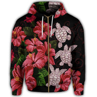 Hawaii Red Hibiscus Turtle Zip Hoodie Ray Style - Polynesian Pride