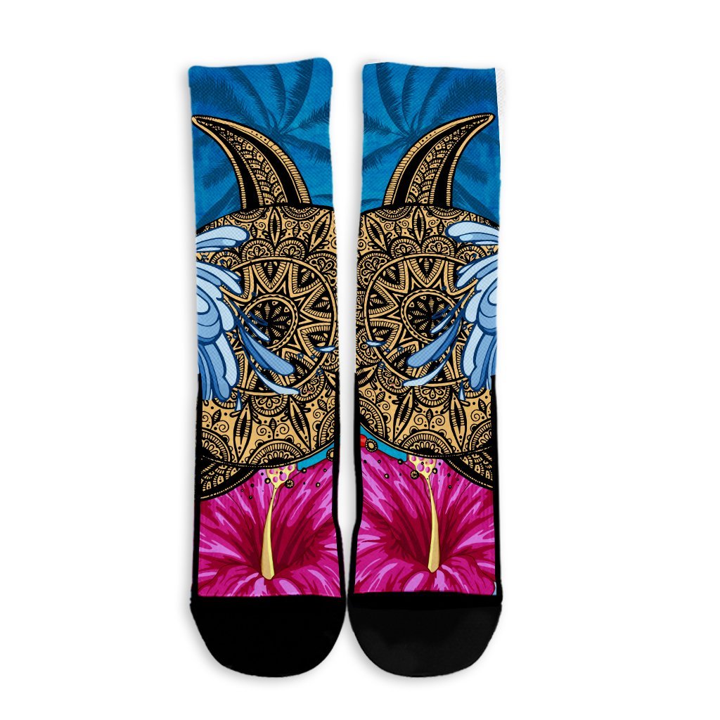 Hawaii Sea Turtle Hibiscus Coconut Tree Crew Socks - AH - Polynesian Pride