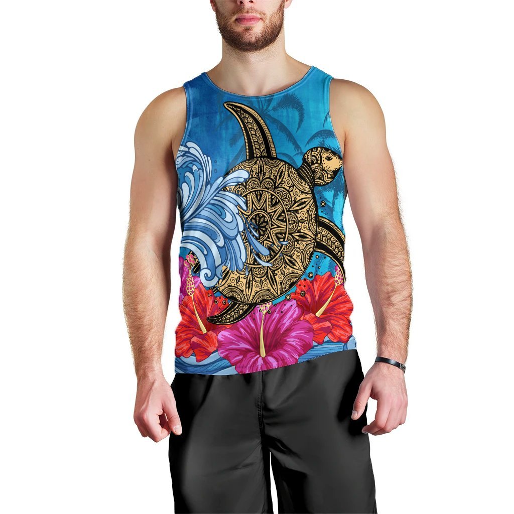 Hawaii Sea Turtle Hibiscus Coconut Tree Tank Top - AH Black - Polynesian Pride