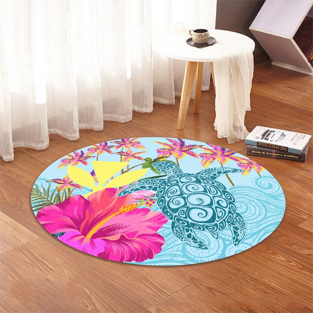 Hawaii Sea Turtle Hibiscus Kanaka Round Carpet - AH - Polynesian Pride