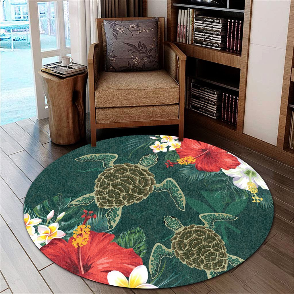 Hawaii Sea Turtle Hibiscus Plumria Round Carpet - AH - Polynesian Pride