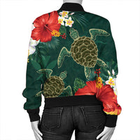 Hawaii Sea Turtle Hibiscus Plumria Bomber Jacket - AH - Polynesian Pride