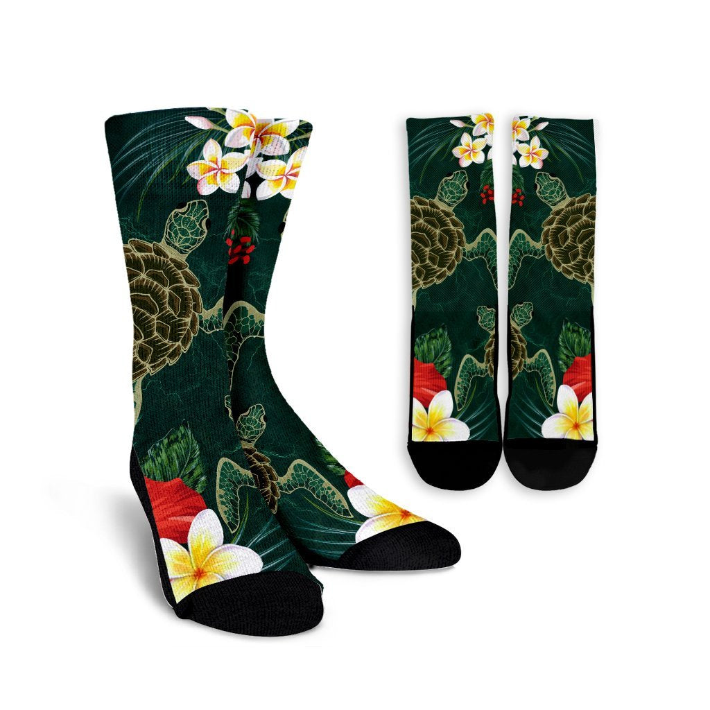 Hawaii Sea Turtle Hibiscus Plumria Crew Socks - AH Crew Socks White - Polynesian Pride