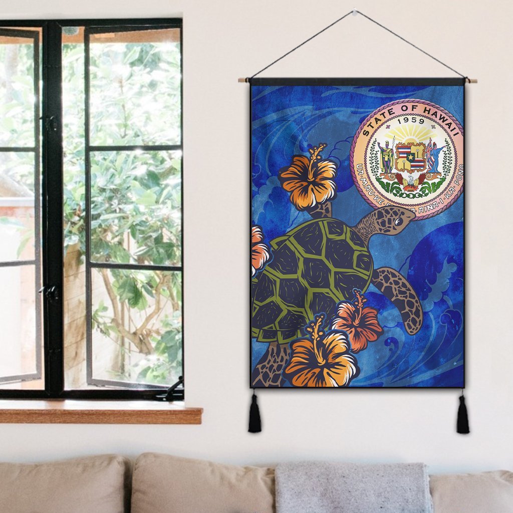 Hawaii Seal Of Hawaii Hibiscus Ocean Turtle Polynesian Hanging Poster - AH - Polynesian Pride