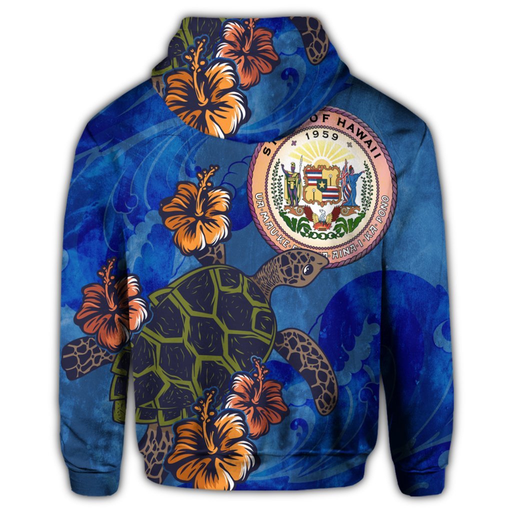Hawaii Seal of Hawaii Hibiscus Ocean Turtle Polynesian Zip Hoodie - Polynesian Pride