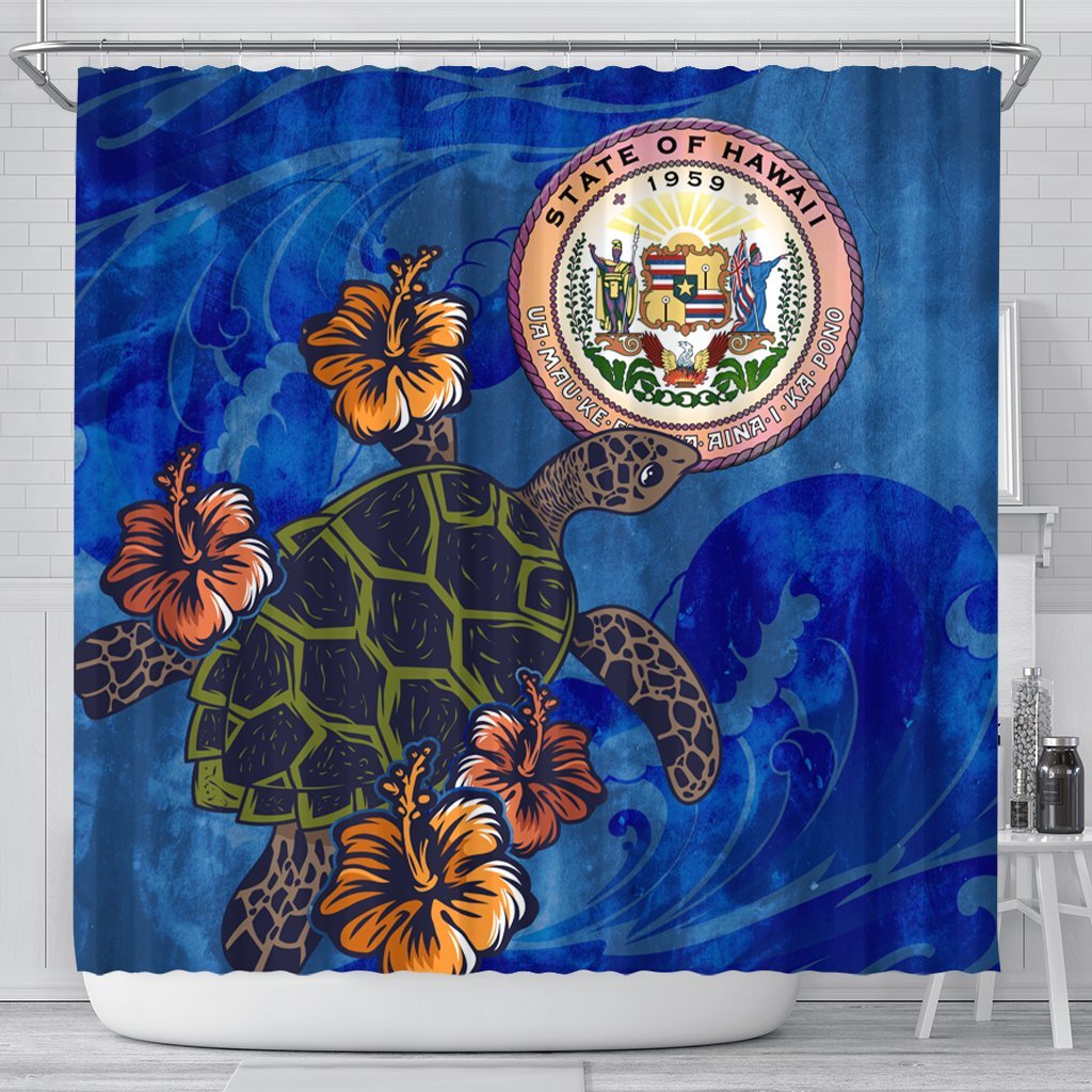 Hawaii Seal Of Hawaii Hibiscus Ocean Turtle Polynesian Shower Curtain - AH 177 x 172 (cm) Black - Polynesian Pride