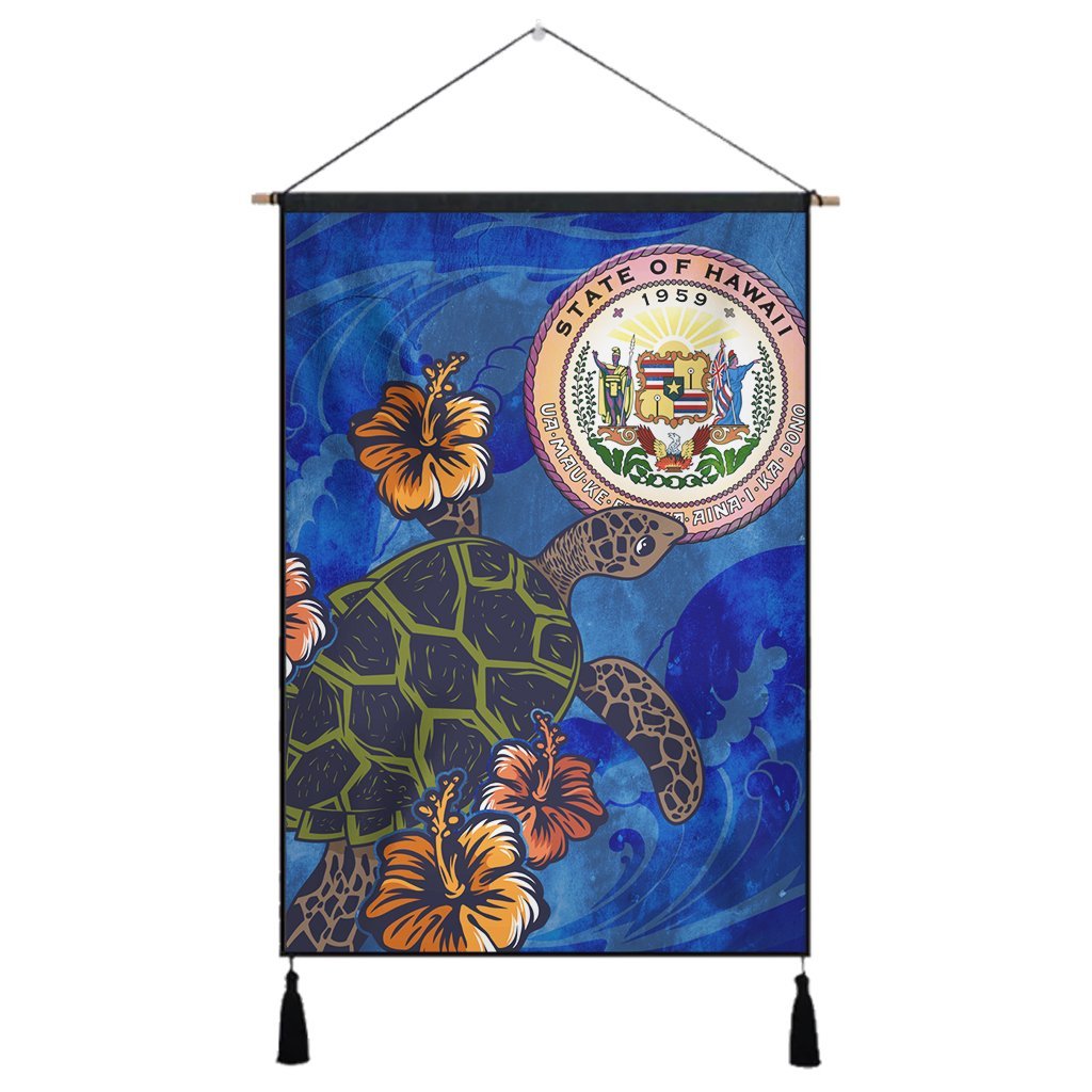 Hawaii Seal Of Hawaii Hibiscus Ocean Turtle Polynesian Hanging Poster - AH Hanging Poster Cotton And Linen - Polynesian Pride