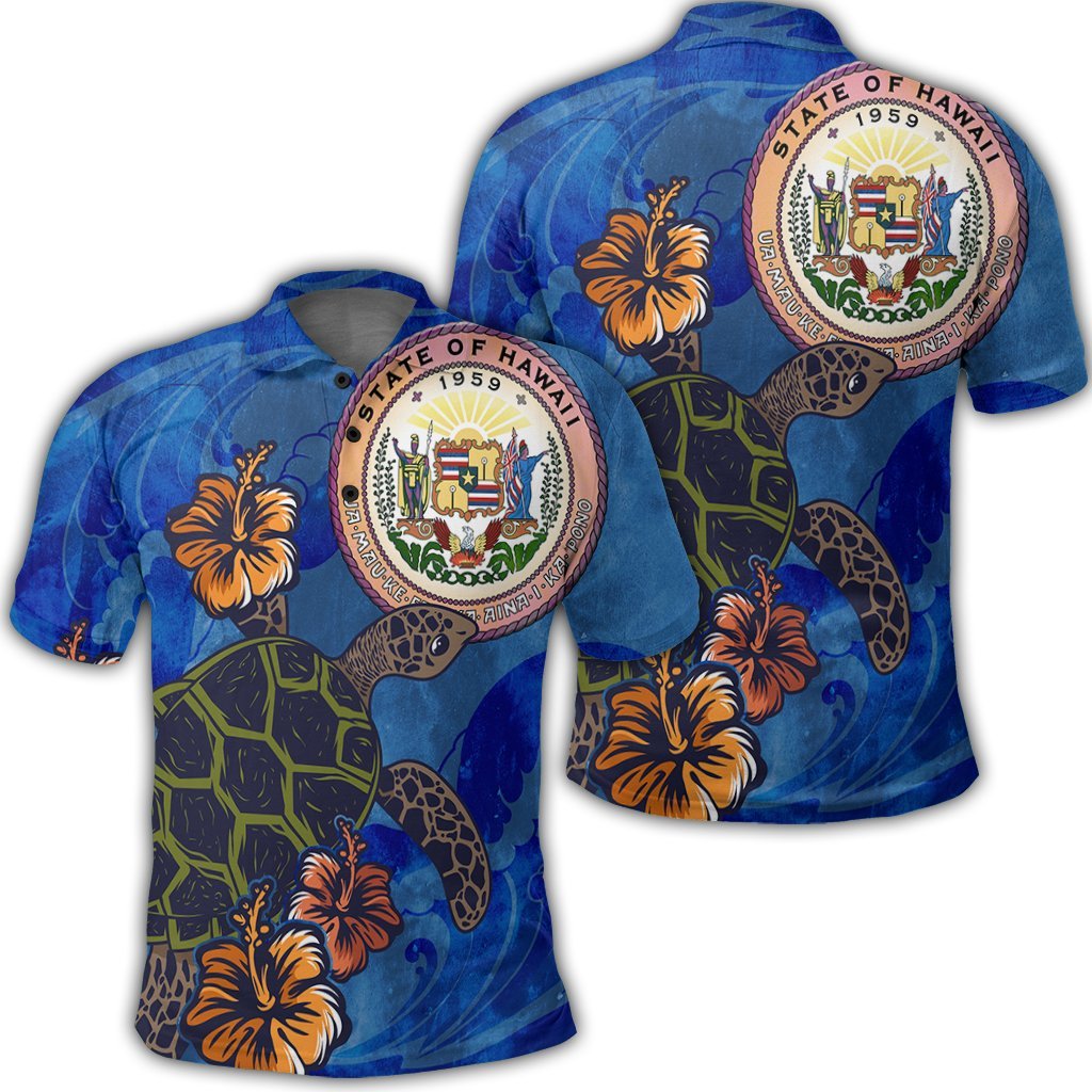 Hawaii Seal Of Hawaii Hibiscus Ocean Turtle Polynesian Polo Shirt Unisex Black - Polynesian Pride