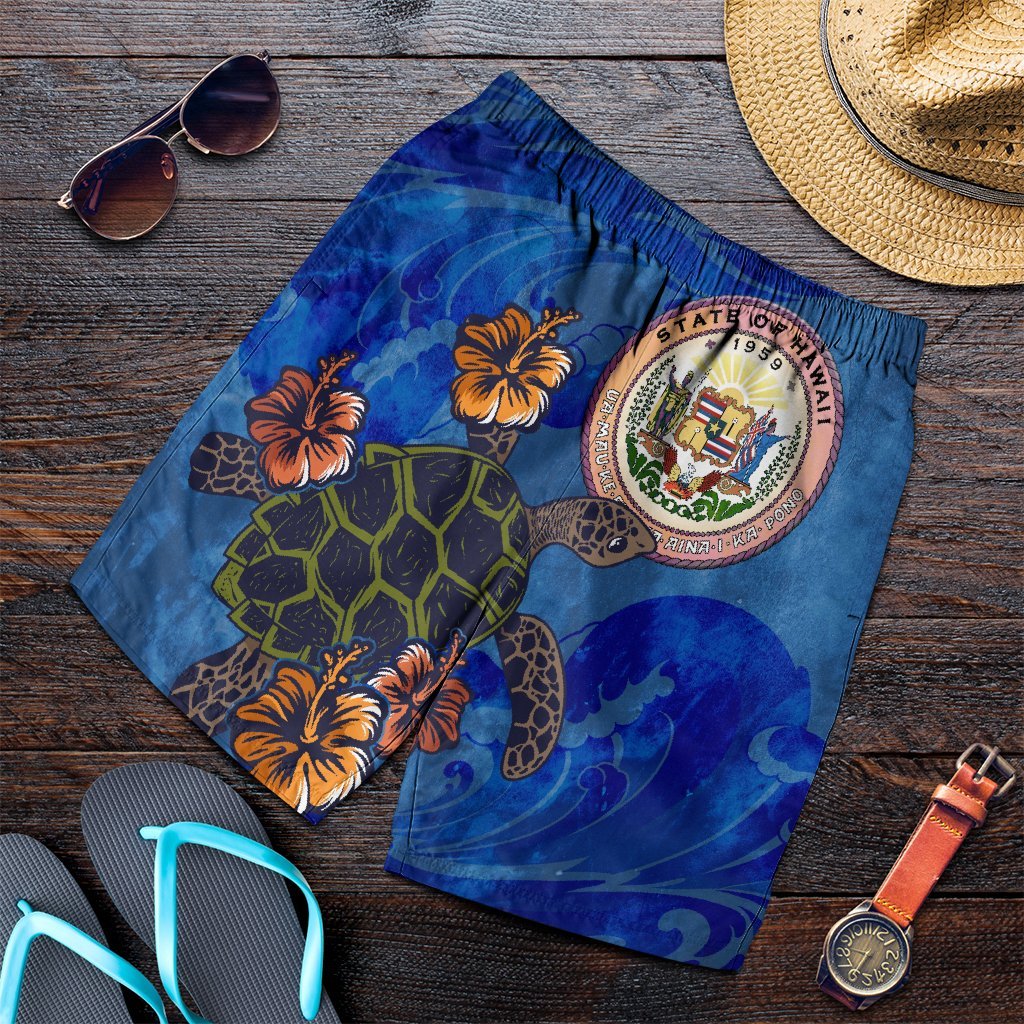 Hawaii Seal Of Hawaii Hibiscus Ocean Turtle Polynesian Men's Shorts - AH Art - Polynesian Pride