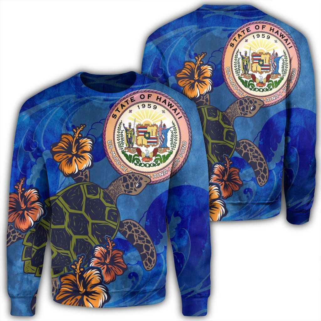 Hawaii Seal Of Hawaii Hibiscus Ocean Turtle Polynesian Sweatshirt - AH Unisex Black - Polynesian Pride