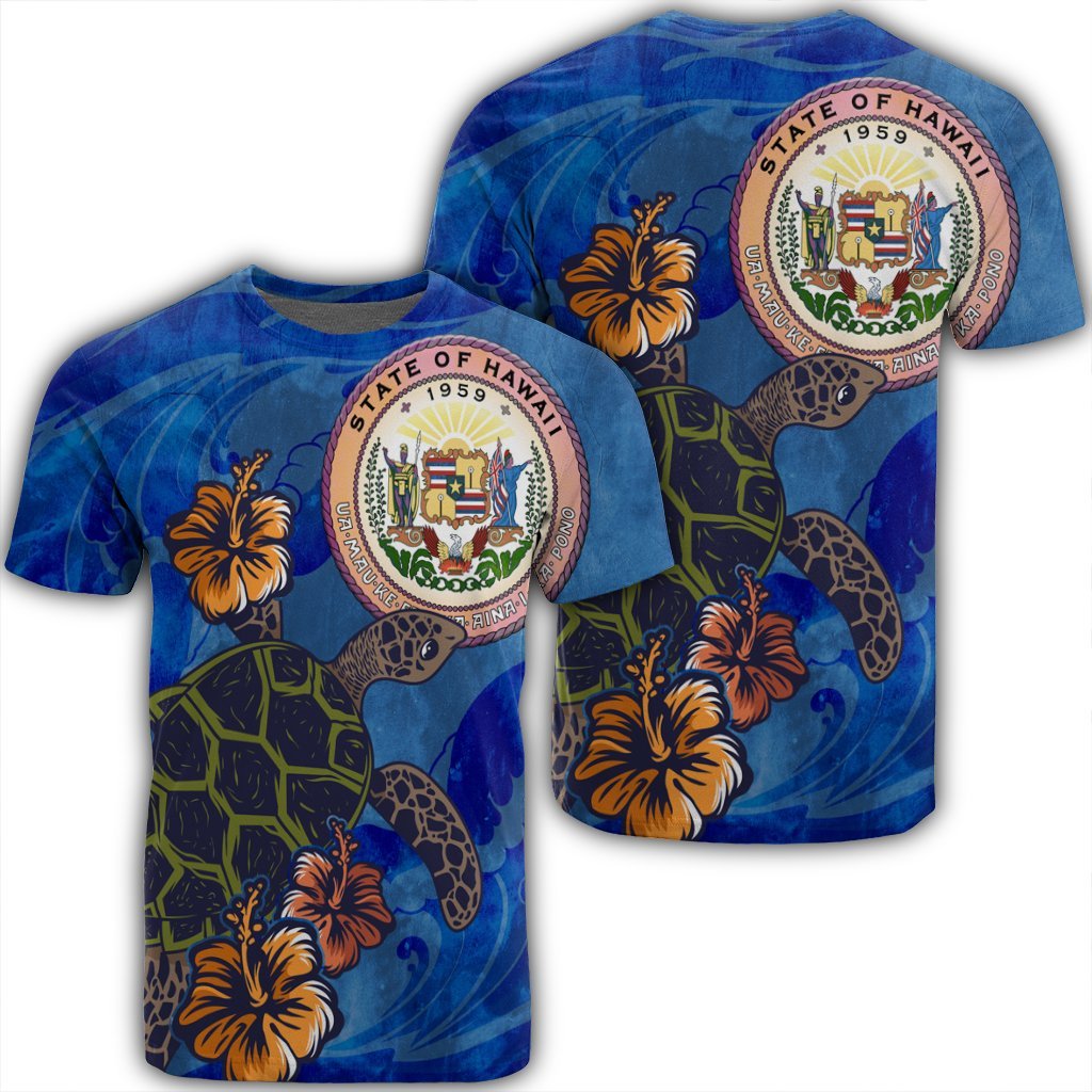 Hawaii Seal of Hawaii Hibiscus Ocean Turtle Polynesian T Shirt Unisex Black - Polynesian Pride