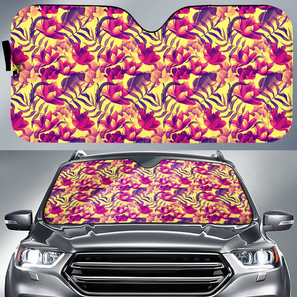 Hawaii Seamless Tropical Flower Plant Pattern Background Hawaii Car Sun Shade Auto Sun Shade Universal Fit White - Polynesian Pride