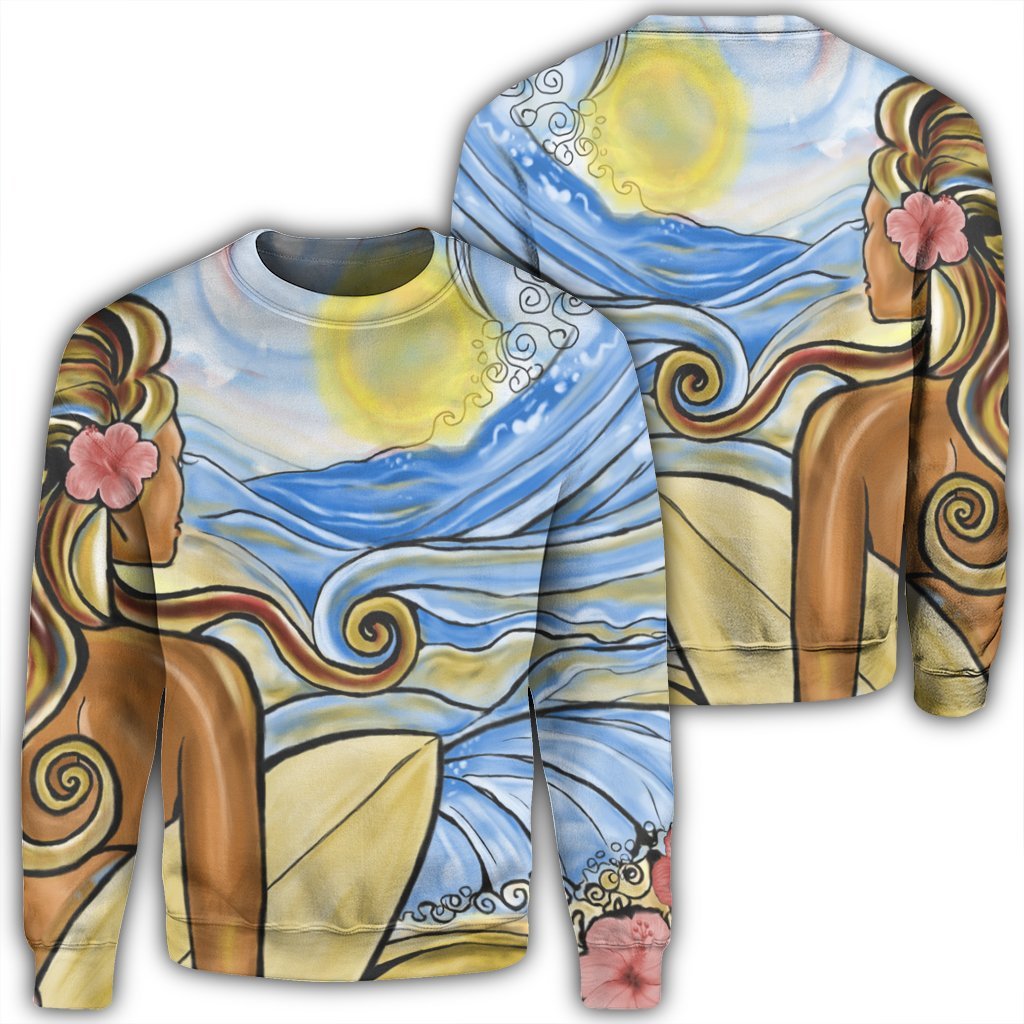 Hawaii The Girl Surfing Wave Sweatshirt - AH Unisex Black - Polynesian Pride