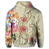 Hawaii Triple Marble Turtle Polynesian Hibiscus Zip Hoodie Benjamin Style Beige - Polynesian Pride