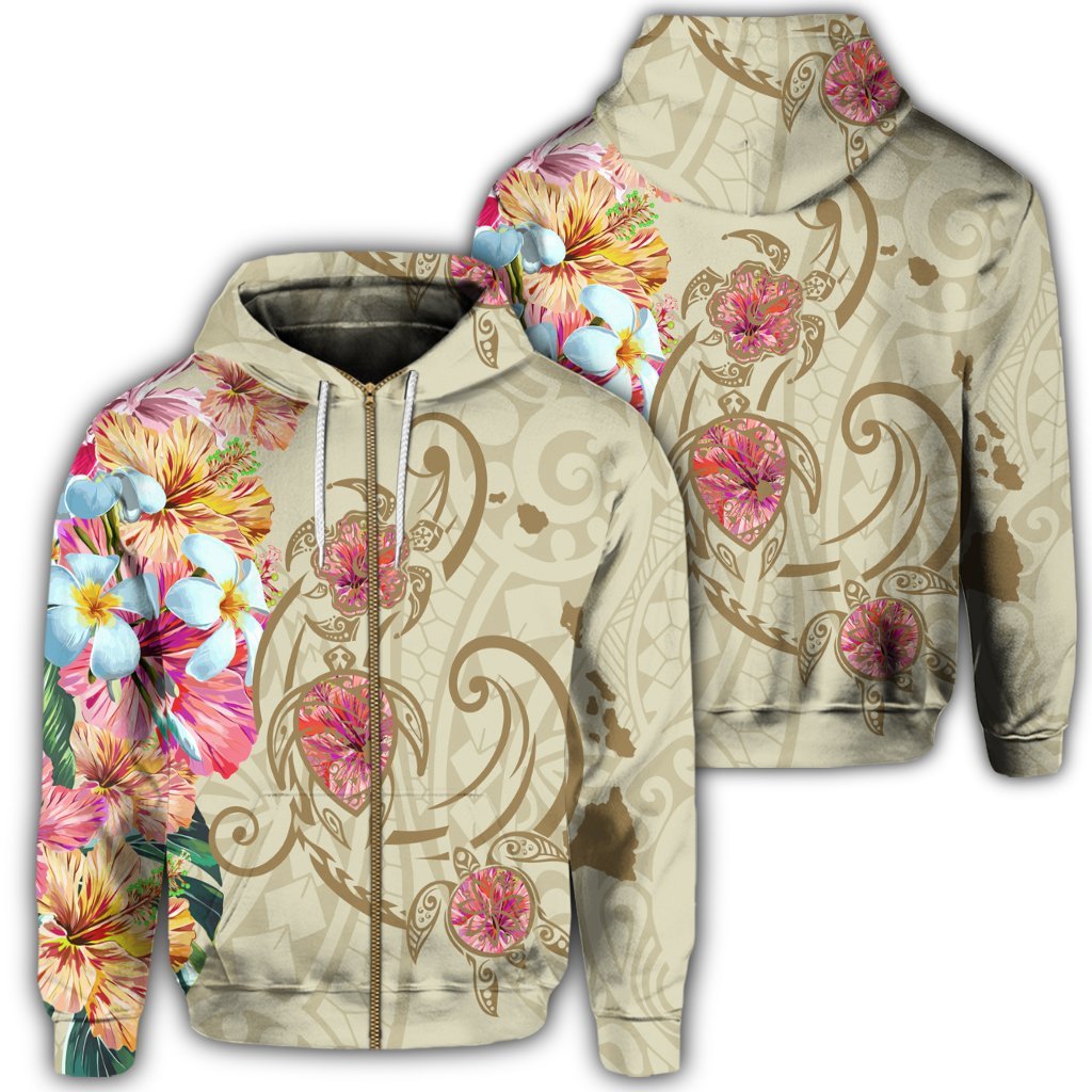 Hawaii Triple Marble Turtle Polynesian Hibiscus Zip Hoodie Benjamin Style Beige Unisex Art - Polynesian Pride