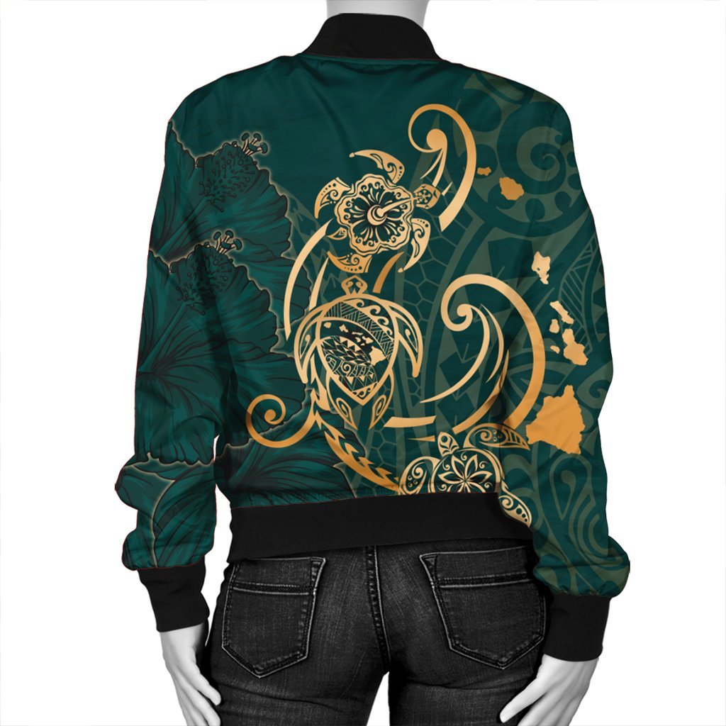Hawaii Triple Marble Turtle Polynesian Hibiscus Bomber Jacket - AH - Benjamin Style - Green - Polynesian Pride