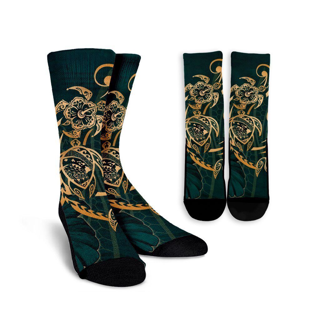 Hawaii Triple Marble Turtle Polynesian Hibiscus Crew Socks - AH - Benjamin Style - Green Crew Socks White - Polynesian Pride