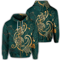 Hawaii Triple Marble Turtle Polynesian Hibiscus Zip Hoodie Benjamin Style Green Unisex Art - Polynesian Pride