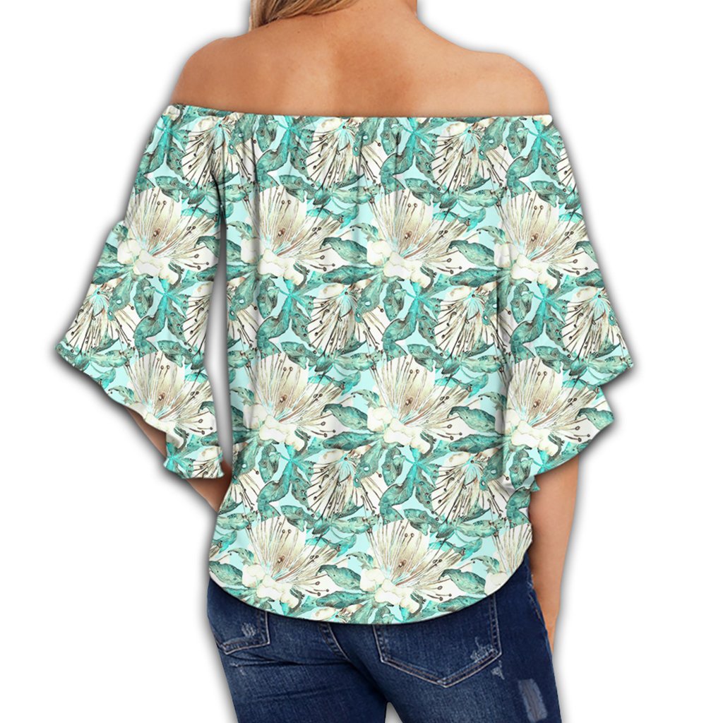 Hawaii Tropical Blue Women's Off Shoulder Wrap Waist Top - AH - Polynesian Pride