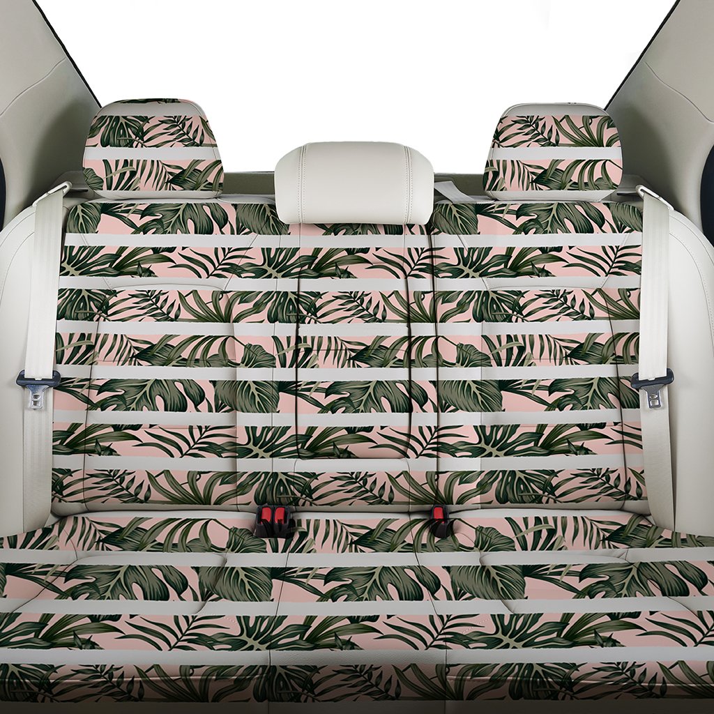 Hawaii Tropical Dark Green Leaves Seamless Pattern White Stripes Pink Background Back Seat Cover - Polynesian Pride