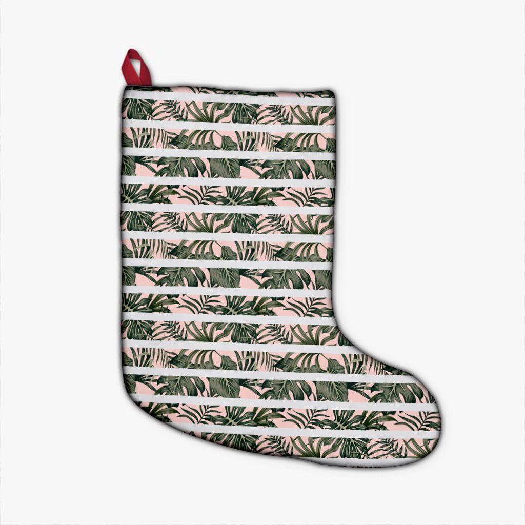 Hawaii Tropical Dark Green Leaves Seamless Pattern White Stripes Pink Background Christmas Stocking - Polynesian Pride