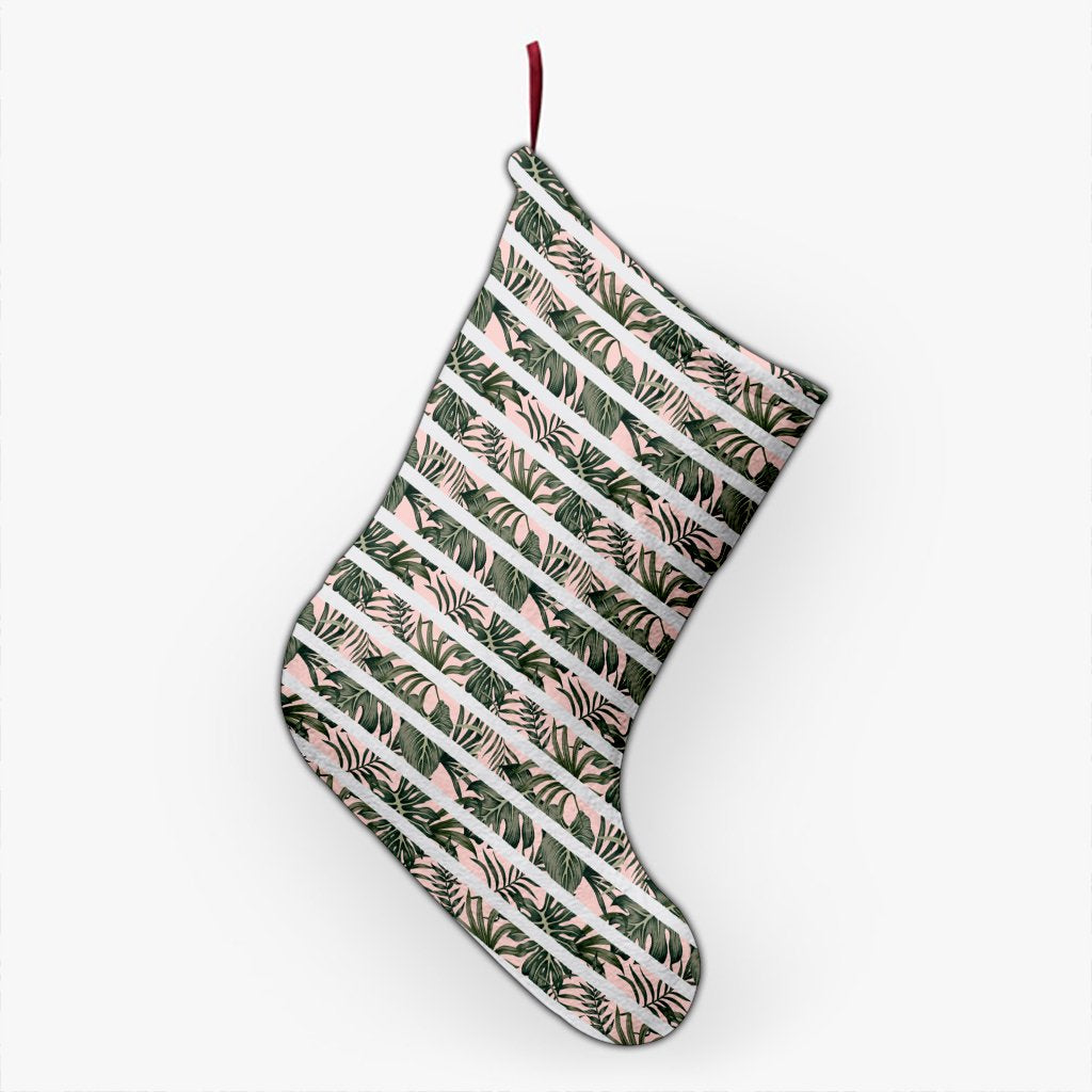 hawaii-tropical-dark-green-leaves-seamless-pattern-white-stripes-pink-background-christmas-stocking