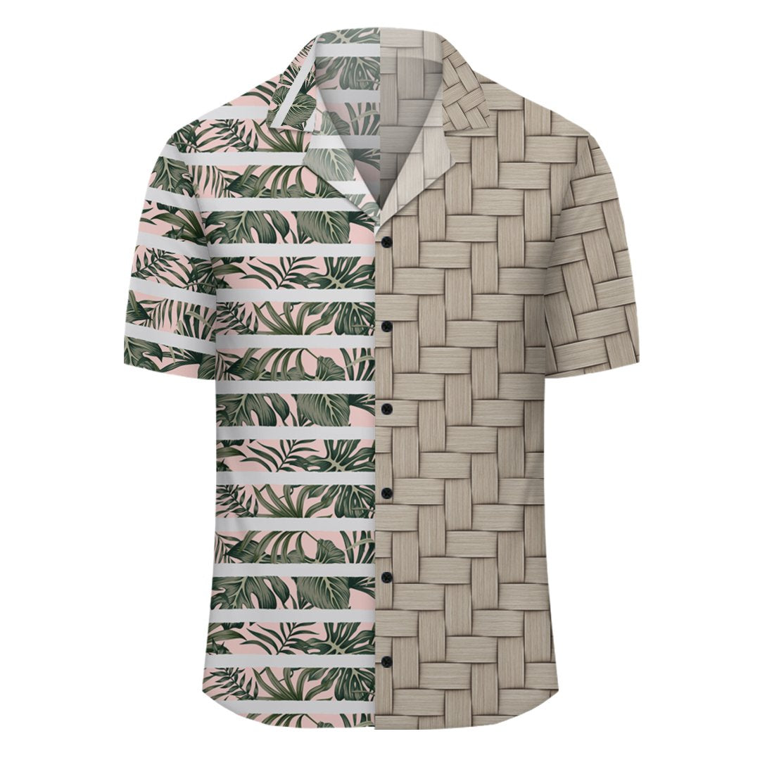 Hawaii Tropical Dark Green Leaves Seamless Pattern White Stripes Pink Background Lauhala Moiety Hawaiian Shirt - Polynesian Pride
