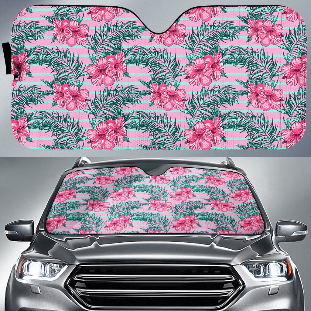 Hawaii Tropical Flowers Palm Leaves Hibiscus Strips Hawaii Car Sun Shade Auto Sun Shade Universal Fit White - Polynesian Pride