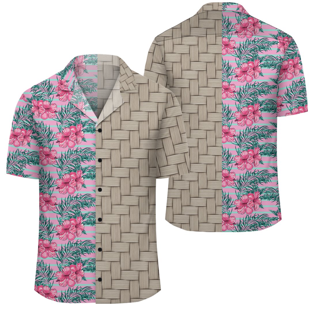 Hawaii Tropical Flowers Palm Leaves Hibiscus Strips Lauhala Moiety Hawaiian Shirt Unisex Art - Polynesian Pride