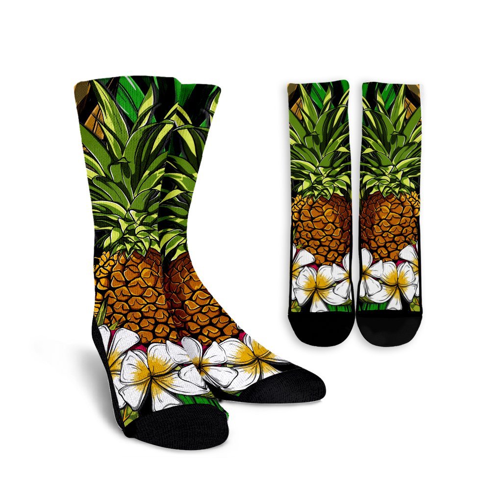 Hawaii Tropical Flowers Pineapple Crew Socks - AH Crew Socks White - Polynesian Pride