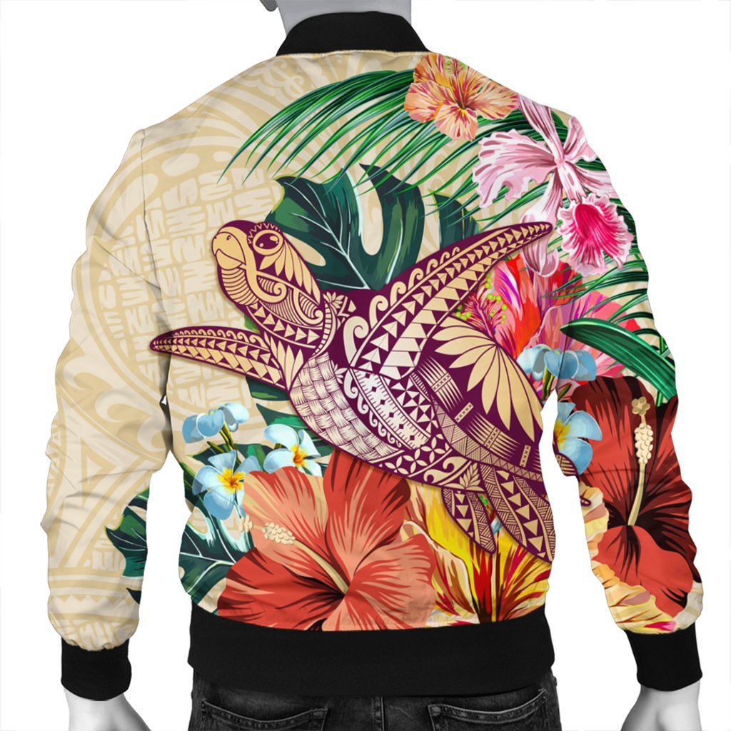 Hawaii Tropical Hibiscus Turtle Beige Bomber Jacket - AH - Polynesian Pride