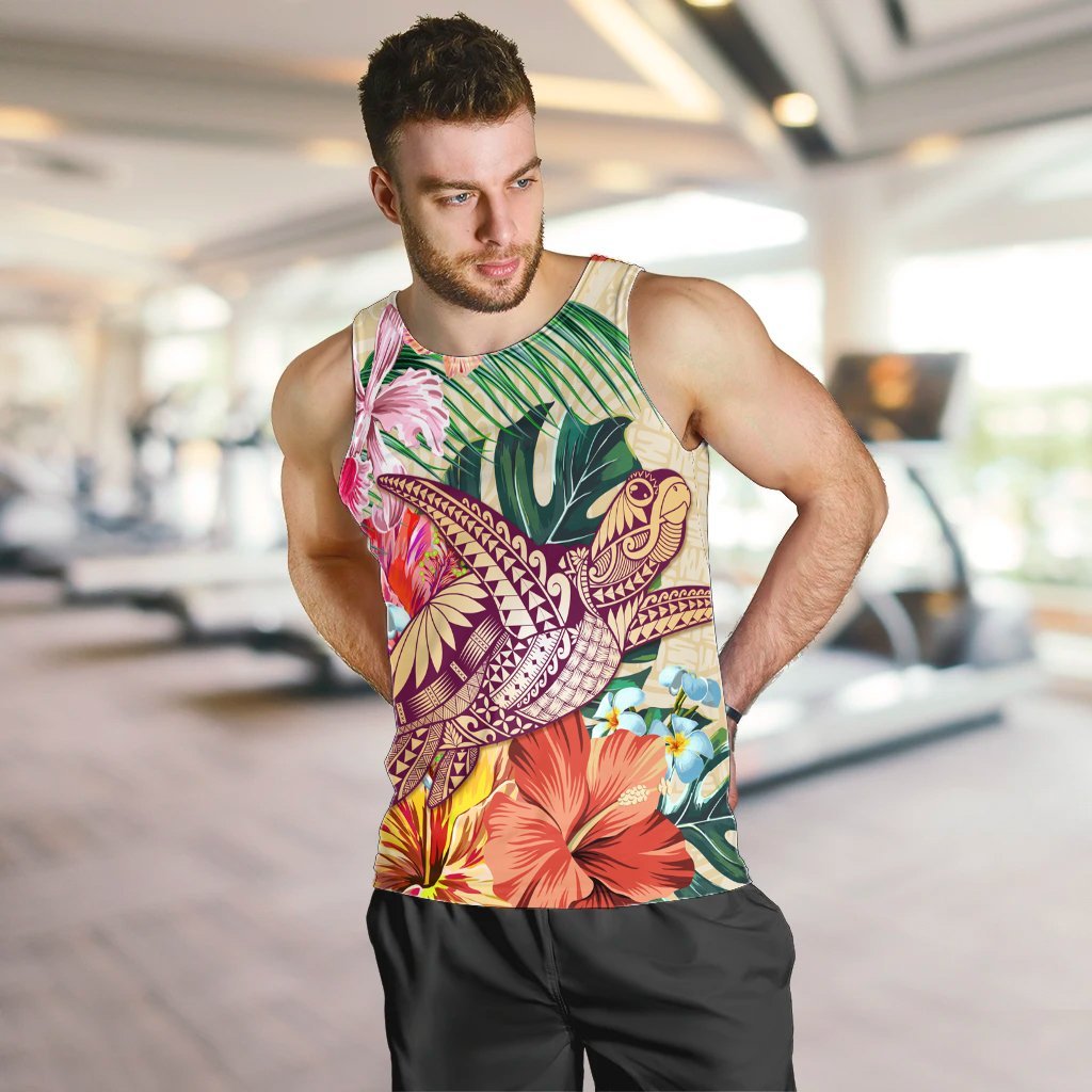 Hawaii Tropical Hibiscus Turtle Beige Tank Top - AH - Polynesian Pride
