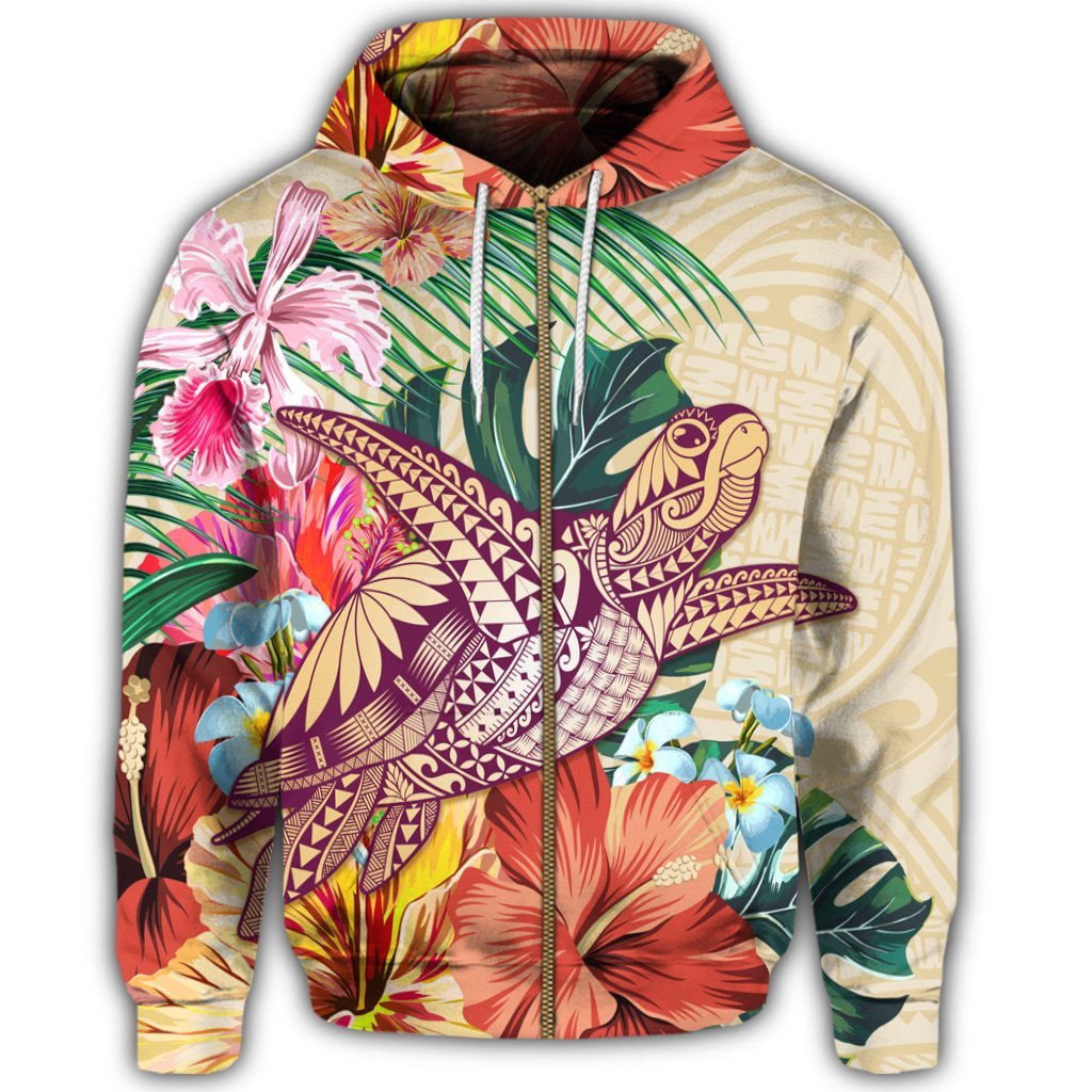 Hawaii Tropical Hibiscus Turtle Beige Zip Hoodie - Polynesian Pride