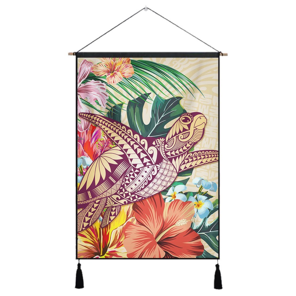 Hawaii Tropical Hibiscus Turtle Beige Hanging Poster - AH Hanging Poster Cotton And Linen - Polynesian Pride