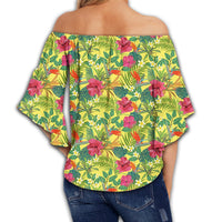 Hawaii Tropical Leaves And Flowers Women's Off Shoulder Wrap Waist Top - AH - Polynesian Pride