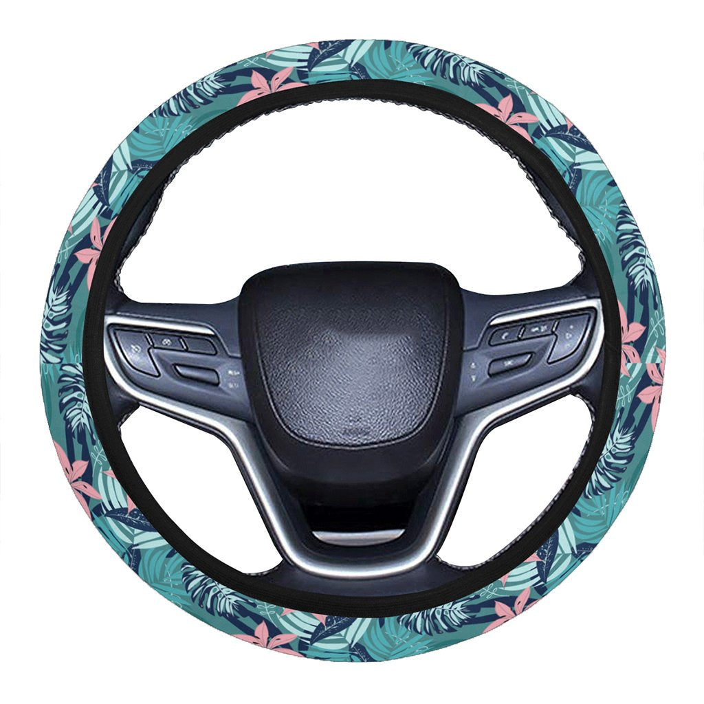 Hawaii Tropical Monstera Leaf Blue Hawaii Universal Steering Wheel Cover with Elastic Edge One Size Blue Steering Wheel Cover - Polynesian Pride