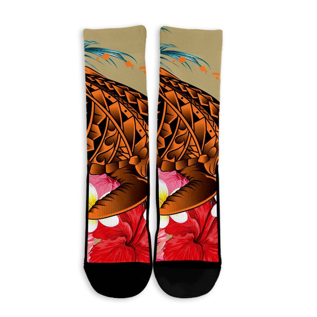 Hawaii Tropical Turtle Hibiscus And Plumeria Crew Socks - AH - Polynesian Pride