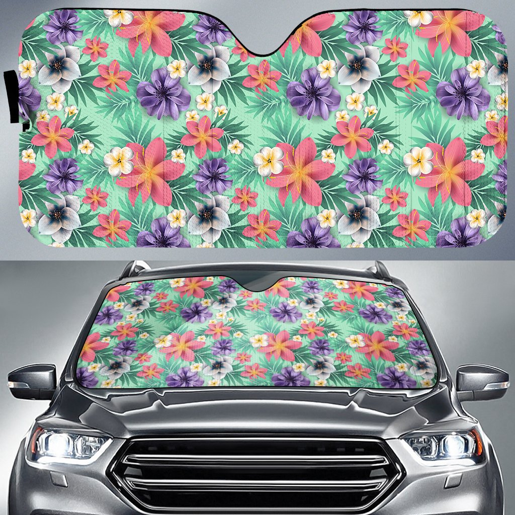 Hawaii Tropical flower, blossom cluster seamless pattern Tropical Flowers Palm Leaves Plant And Leaf Hawaii Car Sun Shade Auto Sun Shade Universal Fit White - Polynesian Pride