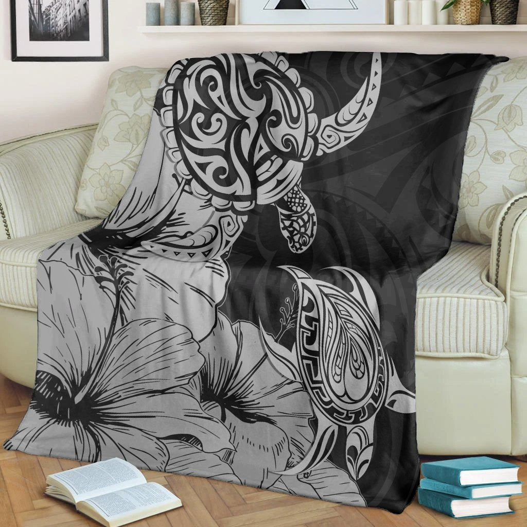 Hawaii Turtle Premium Blankets Polynesian Hibiscus Art Gray - AH - Polynesian Pride