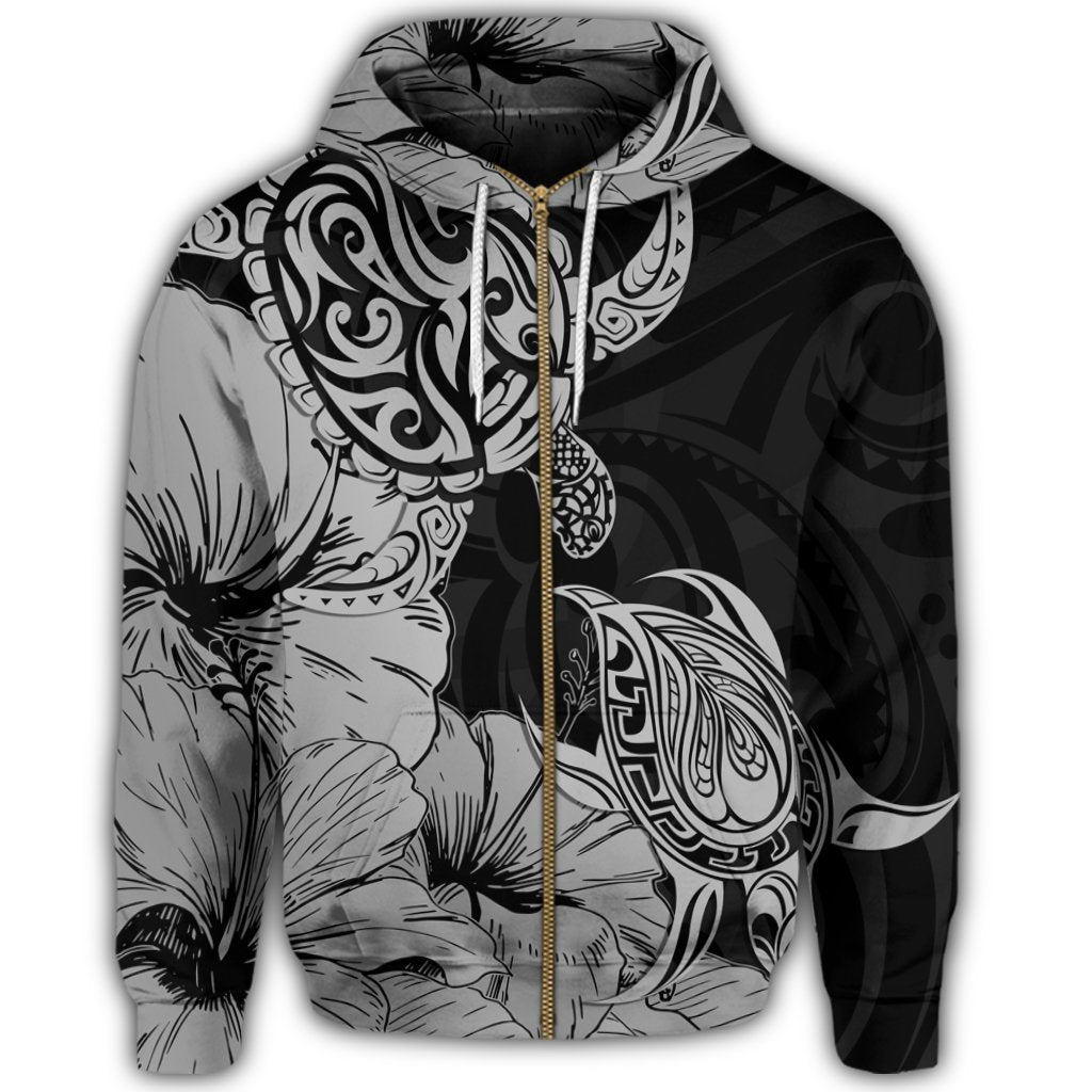 Hawaii Turtle Zip Hoodie Polynesian Hibiscus Art Gray - Polynesian Pride