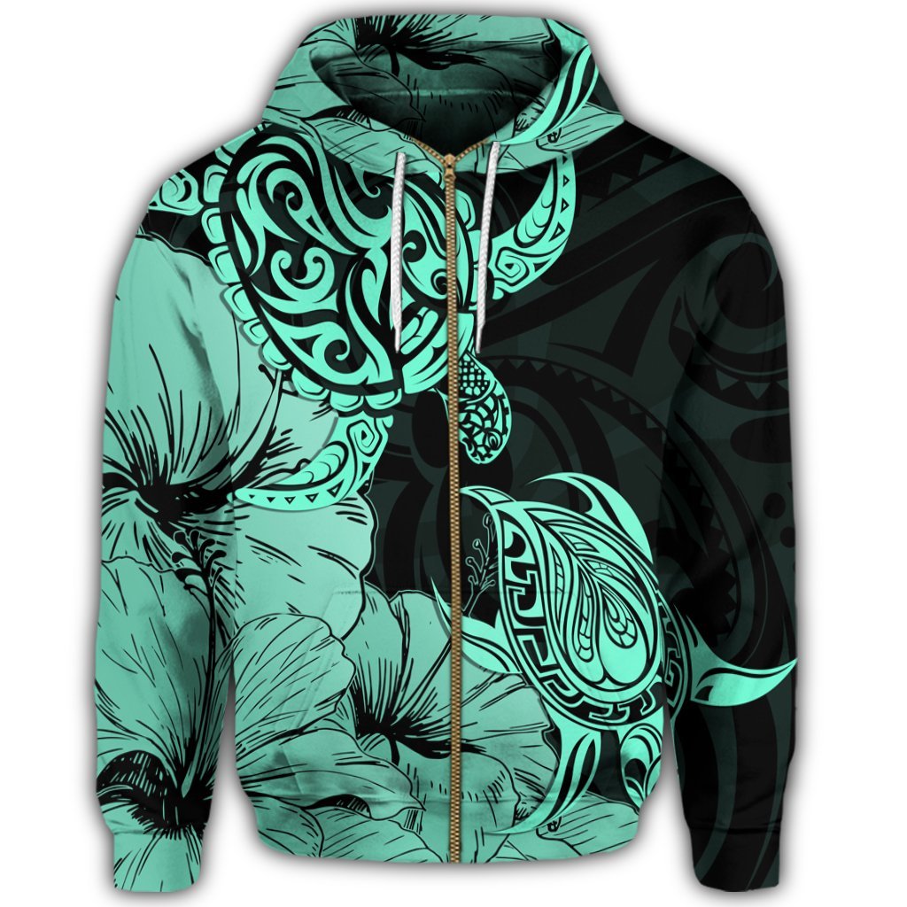 Hawaii Turtle Zip Hoodie Polynesian Hibiscus Art Turquoise - Polynesian Pride